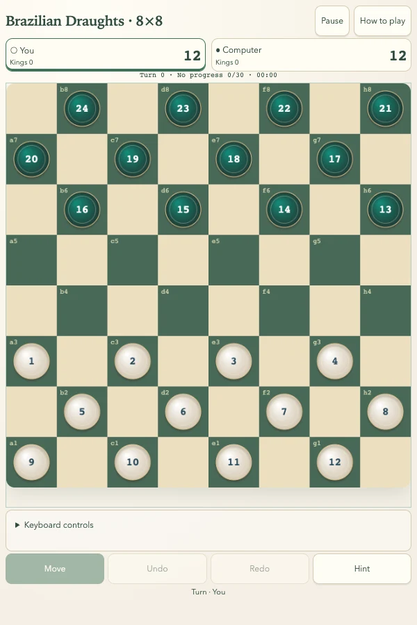 巴西跳棋 · 8×8 · 真实游戏画面